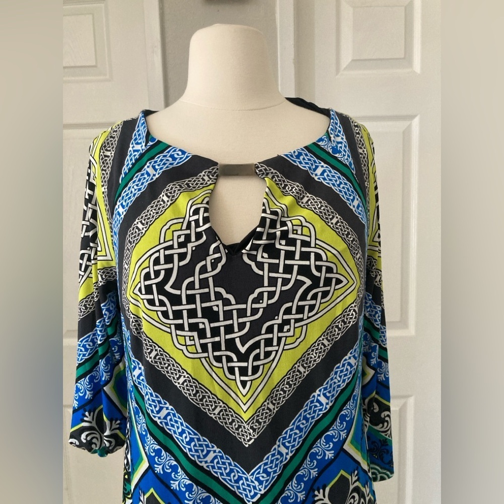 Laundry by Shelli Segal Sz Small Jersey Shift Dress Blue Green Keyhole Neck - Picture 2 of 6